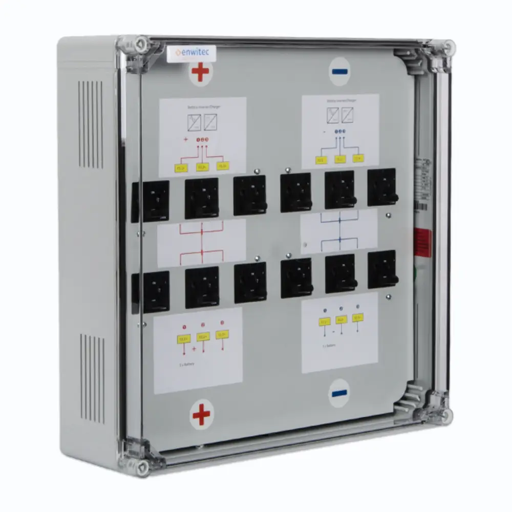 Enwitec-Gerät mit mehreren Steckdosen, Beschriftungen zur Konfiguration und Ladezustandsanzeigen für Akkus. Klare Anordnung und funktionale Nutzung zur Energieverwaltung.