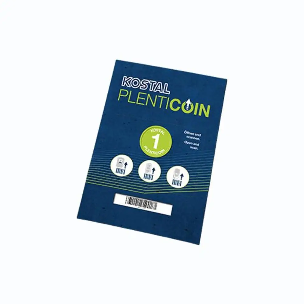 Kostal PLENTICOIN Karte auf blauer Hintergrund mit Anweisungen zum Öffnen und Scannen. Enthält Symbole, die auf eine Verwendung hinweisen.