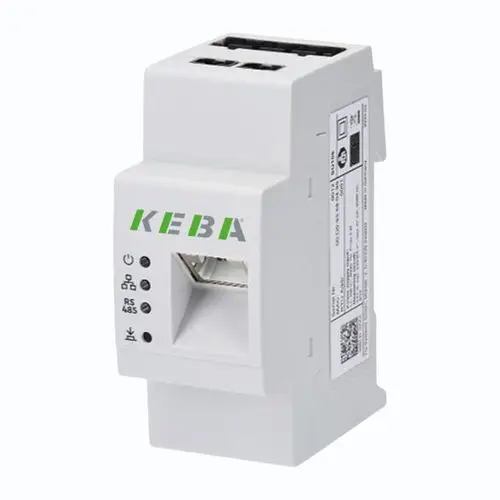 KEBA KC E10 Smart Meter — Hutschienen-Gerät in Weiß mit grünem KEBA-Logo, LED-Statusanzeigen (Power, LAN, RS485), RJ45-Anschluss, Schrägansicht