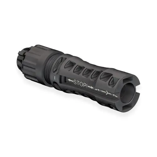 Schwarzer Stäubli Stecker mit rutschfester Oberfläche und Stop-Markierung für eine sichere Handhabung.