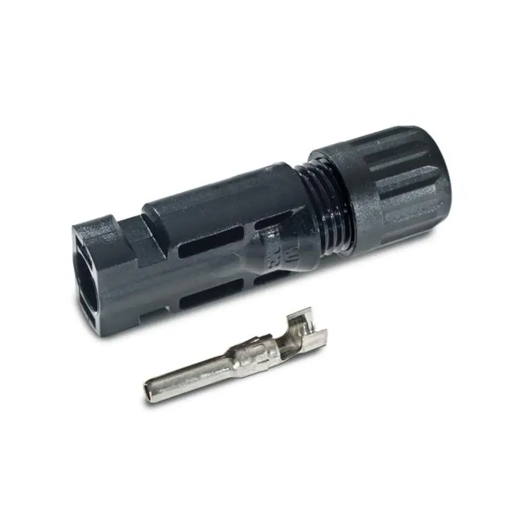 Stecker aus schwarzem Kunststoff mit riffelndem Griff und Metallkontakt, hergestellt von Stäubli. Er dient zur elektrischen Verbindung in Photovoltaikanlagen.