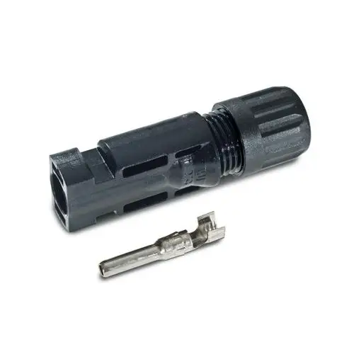 Stecker aus schwarzem Kunststoff mit riffelndem Griff und Metallkontakt, hergestellt von Stäubli. Er dient zur elektrischen Verbindung in Photovoltaikanlagen.