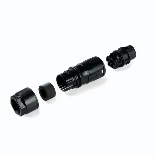 Mehrteilige schwarze Verbindungskomponente von Enphase, bestehend aus einem Hauptkörper, einer Dichtung und zwei Anschlussstücken. Ideal für elektrische Verbindungen.