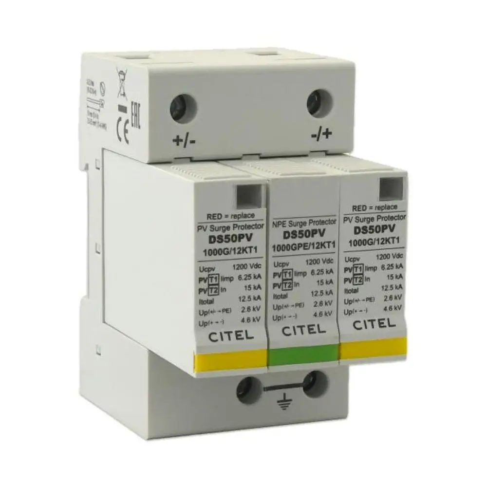 PV-Schutzgerät von CITEL, Typ 1+2, mit mehreren Anschlussmöglichkeiten. Produkt für den Blitzschutz in Photovoltaikanlagen, bereit zur sicheren Installation. Marke HIS sichtbar.
