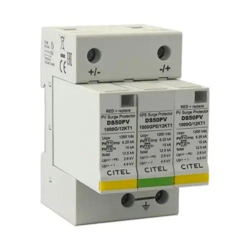 PV-Schutzgerät von CITEL, Typ 1+2, mit mehreren Anschlussmöglichkeiten. Produkt für den Blitzschutz in Photovoltaikanlagen, bereit zur sicheren Installation. Marke HIS sichtbar.