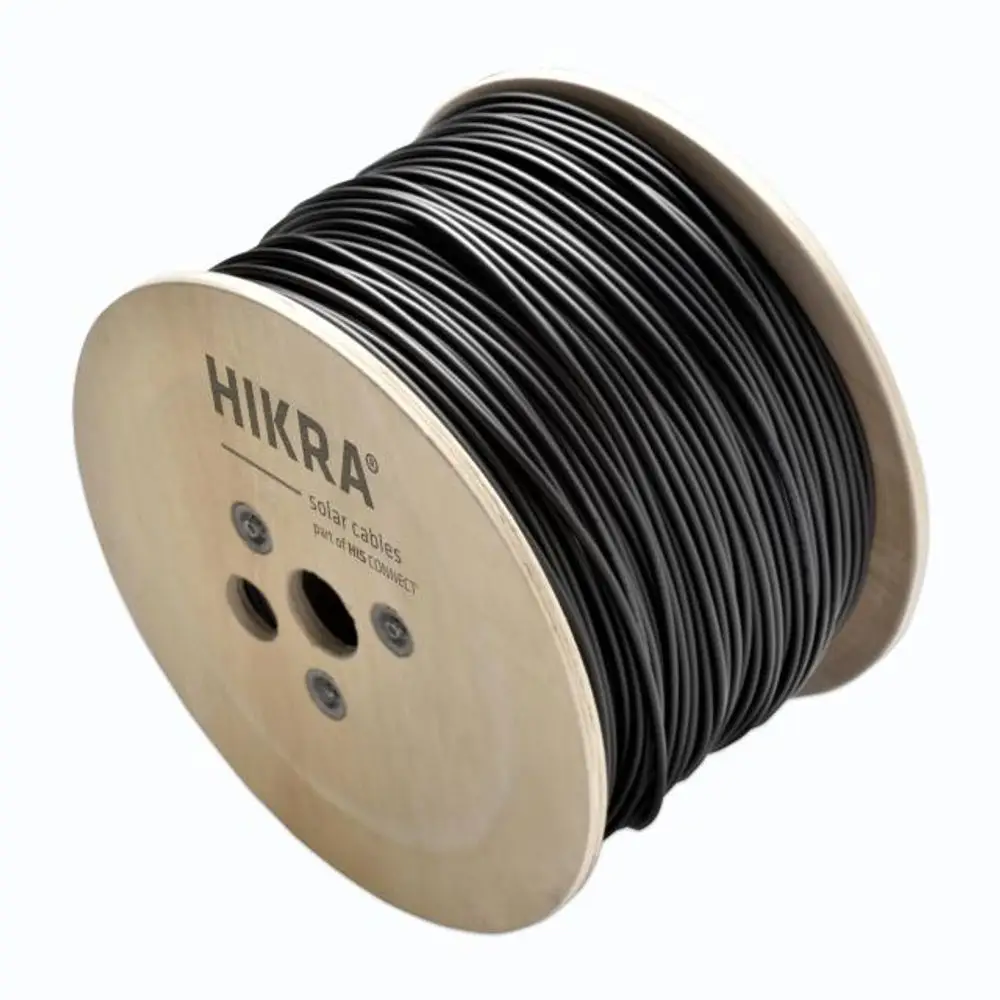 Schwarze Kabelrolle mit HIKRA-Aufdruck, ausgestattet mit mehreren Metern des Kabels, geeignet für Solarinstallationen und Teil des HIS CONNECT Systems.