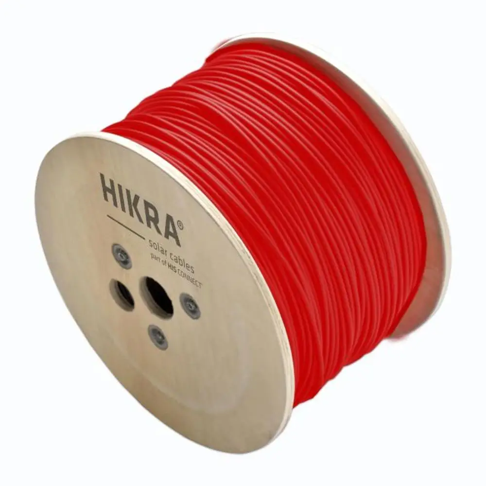Rolle mit rotem Kabel, präsentiert auf einer Spule. Auf der Spule ist die Marke "HIS" sichtbar. Das Kabel ist gleichmäßig gewickelt und hat eine zylindrische Form.