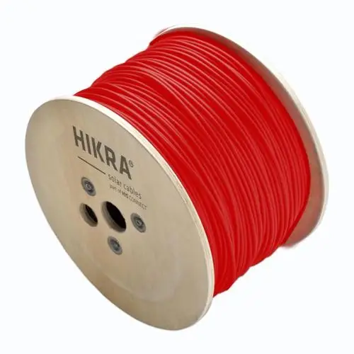 Rolle mit rotem Kabel, präsentiert auf einer Spule. Auf der Spule ist die Marke "HIS" sichtbar. Das Kabel ist gleichmäßig gewickelt und hat eine zylindrische Form.