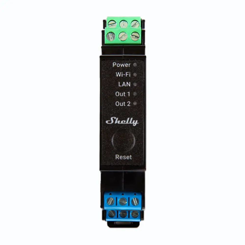 Shelly-Gerät mit zwei Ausgängen, LED-Anzeigen für Strom, Wi-Fi und LAN, Reset-Taste und Anschlussklemmen an beiden Enden zur elektrischen Verbindung.