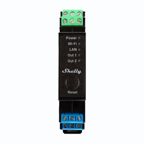 Shelly-Gerät mit zwei Ausgängen, LED-Anzeigen für Strom, Wi-Fi und LAN, Reset-Taste und Anschlussklemmen an beiden Enden zur elektrischen Verbindung.