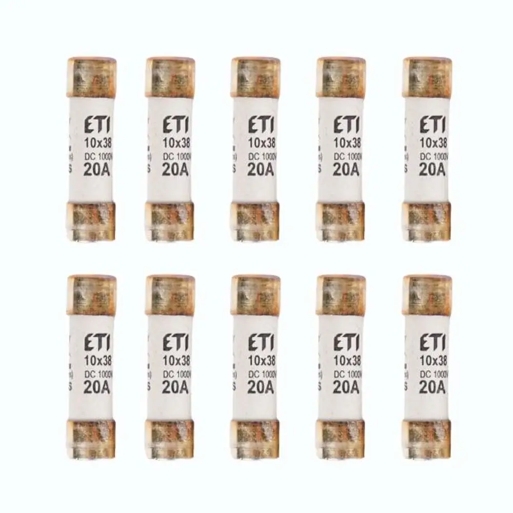 Zehn gPV-Sicherungen in einem Pack, mit sichtbarem Etikett der Marke HIS, für eine Nennstromstärke von 20A und einer Spannung von 1000VDC.