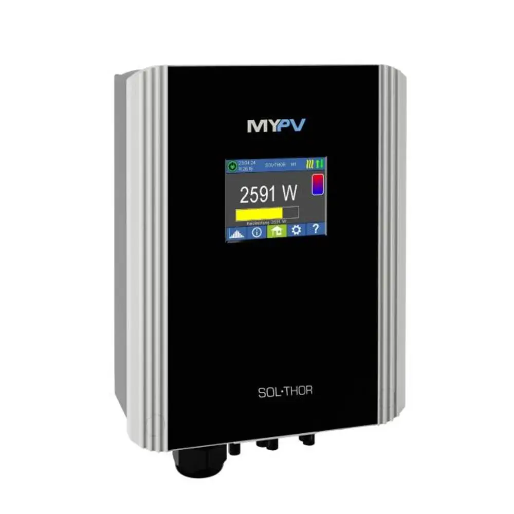 Schwarzes Gerät von my-PV mit Display, das Leistungsdaten anzeigt. Anschlüsse auf der unteren Seite. Kompakt und funktional gestaltet.