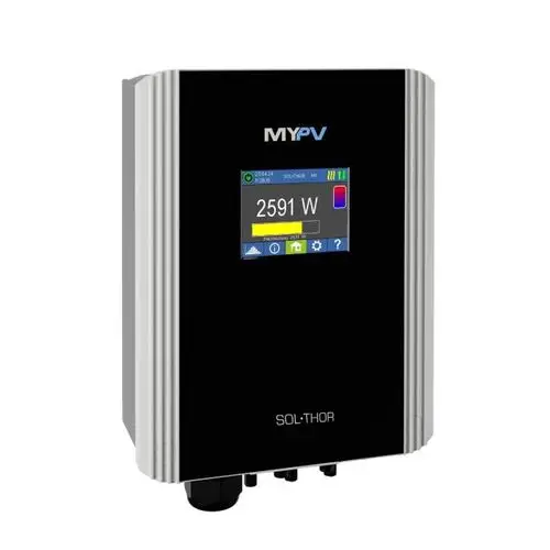 Schwarzes Gerät von my-PV mit Display, das Leistungsdaten anzeigt. Anschlüsse auf der unteren Seite. Kompakt und funktional gestaltet.