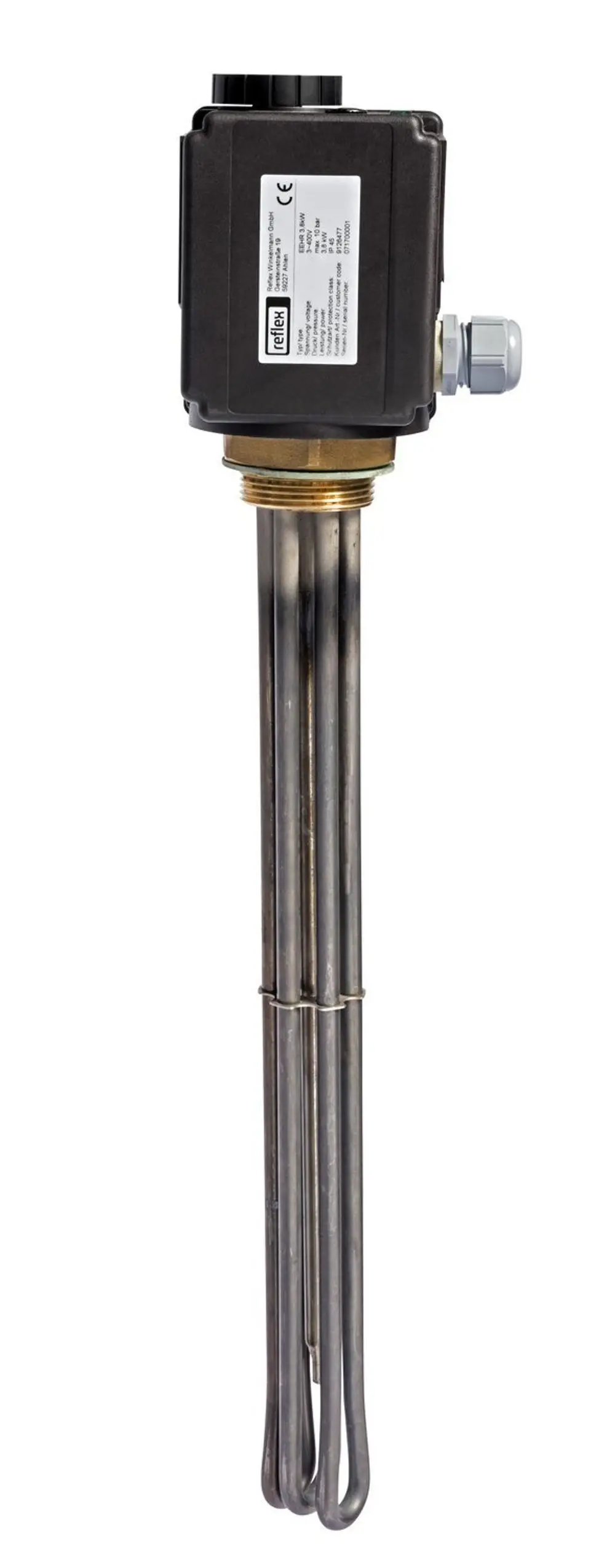 Einschraub-Heizkörper von Reflex Winkelmann mit mehreren Heizstäben und einem elektrischen Anschluss oben. Dichtungsring und Rillenstruktur erkennbar.