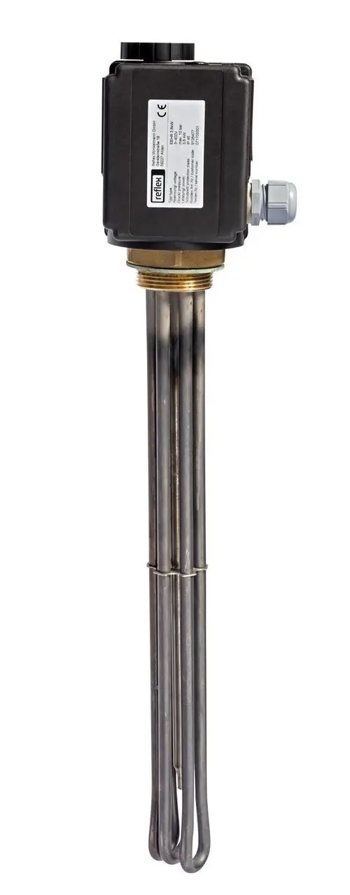 Einschraub-Heizkörper von Reflex Winkelmann mit mehreren Heizstäben und einem elektrischen Anschluss oben. Dichtungsring und Rillenstruktur erkennbar.