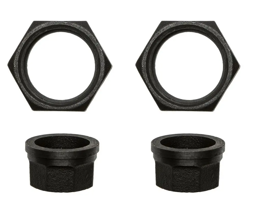 Brötje Verschraubung bestehend aus zwei hexagonalen Ringen oben und zwei runden Stutzen unten, alles in schwarzem Material.