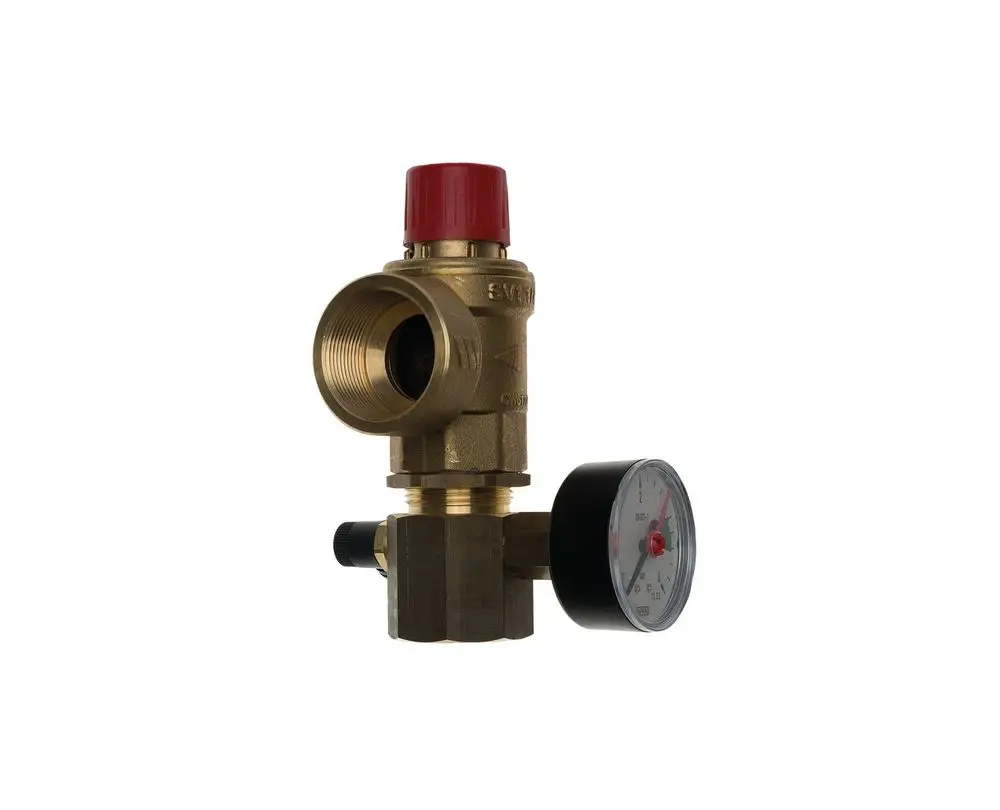 Brötje Sicherheitsventil mit Druckmessgerät, aus Messing, zur Regelung und Überwachung von Druck in Heizungs- und Wassersystemen, mit rotem Bedienknopf.