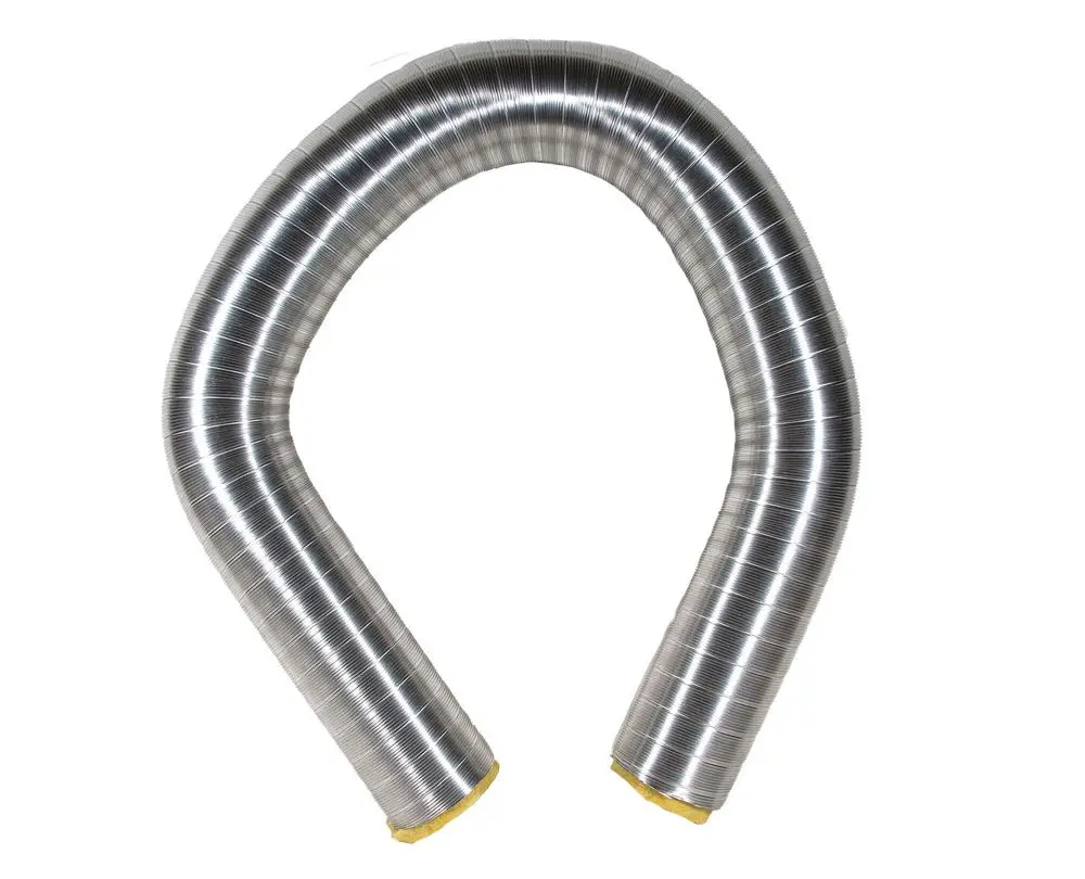 Flexibles Edelstahlrohr von Brötje in gebogener Form, geeignet für Lüftungs- oder Abgasanlagen. Die Oberfläche ist gewellt und die Enden sind mit einer gelben Beschichtung versehen.