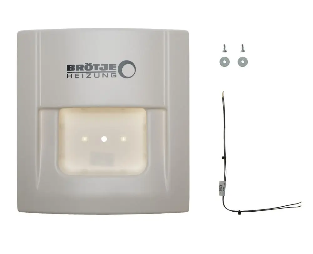 Brötje Heizungszubehör, weiße Blende mit zwei LED-Lichtern, Montageschrauben und Anschlusskabel, geeignet für die Wandmontage.
