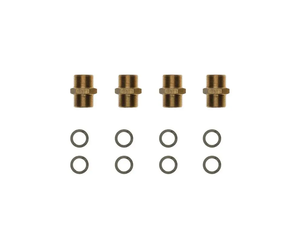 Brötje Adapternippel, mehrere goldfarbene Metallstücke mit Gewinde, darunter graue Dichtungsringe, angeordnet in einer Reihe auf weißem Hintergrund.