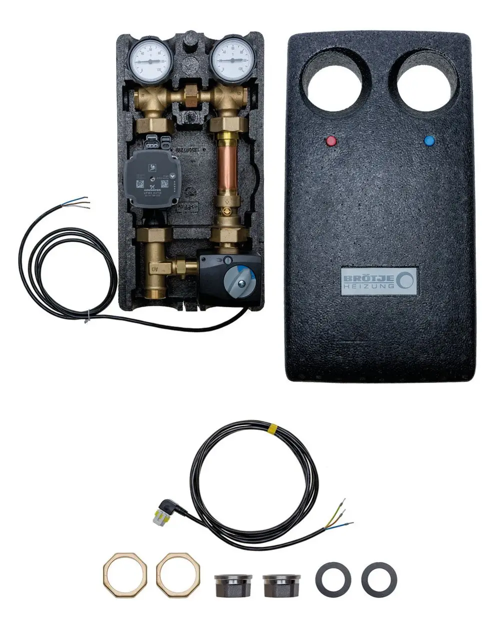 Brötje Pumpenset mit zwei Manometern, Regelventil, Zuleitung, verschiedenen Anschlussklemmen und Dichtungen. Das Set ist für Heizungs- und Pumpensysteme konzipiert.