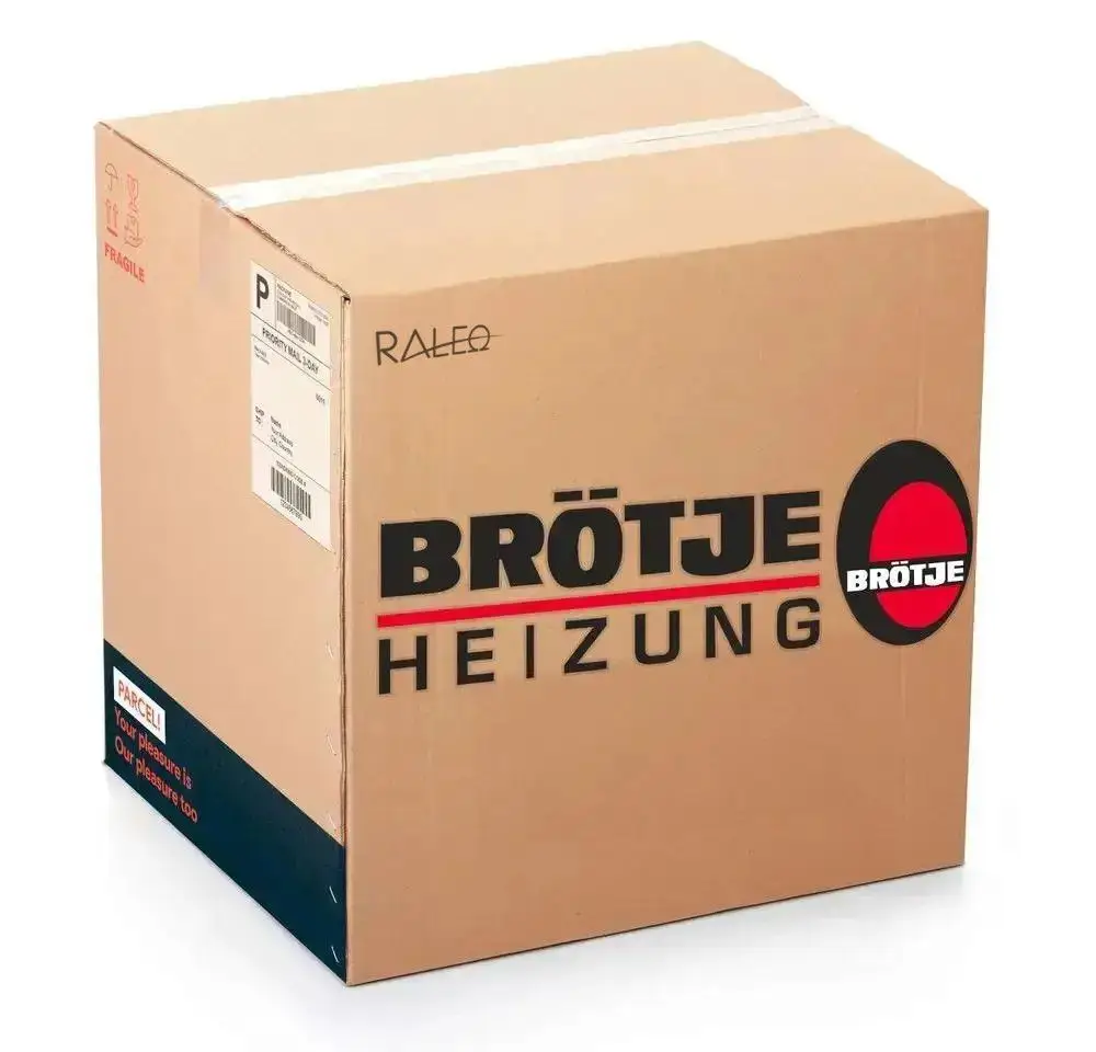 Brötje Universalspannband in Verpackung, mit drei Schraubenzwingen. Abgebildete Nutzungshinweise zum Befestigen von Rohren im Durchmesser von mindestens 16 mm.
