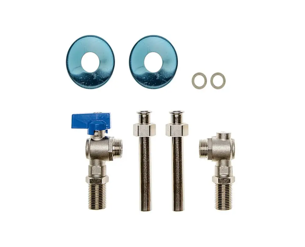 Brötje Anschluss-Set bestehend aus zwei metallischen Rohren, einem Kugelhahn, zwei blauen Unterlegscheiben und zwei weiteren Unterlegscheiben für Rohrverbindungen.