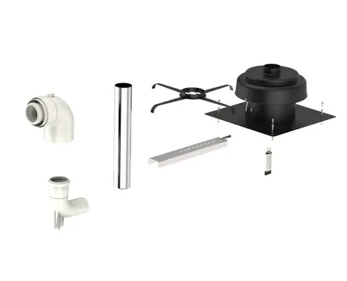 Bauteile für einen Brötje Kessel-Schacht, darunter Rohre, ein Metallblech, ein Anschlussrahmen und verschiedene Verbindungselemente.