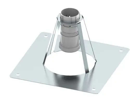 Metallische Kupplung von Brötje mit einer offenen, runden Zentrierung und stabilen Haltearmen. Die quadratische Grundplatte hat mehrfach vorgebohrte Löcher zur Befestigung.
