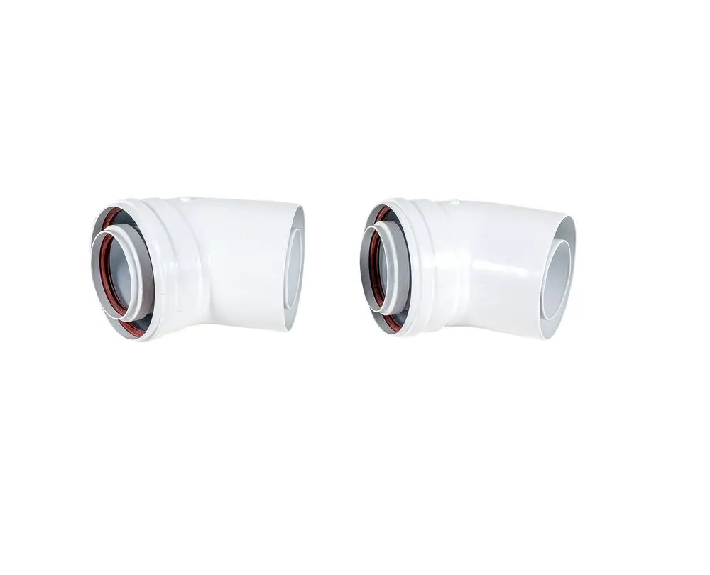 Weißer Rohrbogen von Brötje mit einem Winkel von 45 Grad, geeignet für Rohrverbindungen. Zwei Einheiten abgebildet, mit Dichtungsringen im Anschlussbereich.