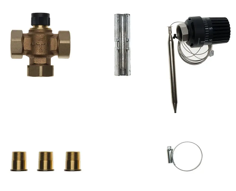 Brötje Maximaltemperaturbegrenzer mit einer quadratischen, metallischen Bauform, verschiedenen Anschlussstücken, einem Einstellrad sowie einem Sicherheitsclip zur Befestigung.