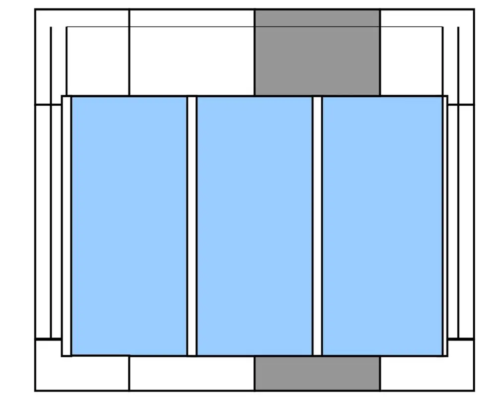 Drei blaue Blechflächen in einem rechteckigen Rahmen, umgeben von weißen und grauen Flächen, möglicherweise zur Verwendung mit Produkten von Brötje.