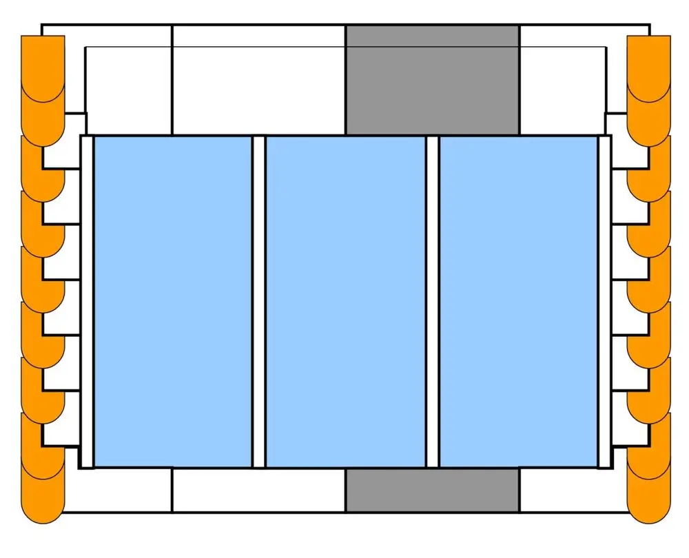 Darstellung eines erweiterten Blecheinfassungssystems von Brötje. Die Grafik zeigt einen rechteckigen Rahmen mit Blauen und Grauen Flächen sowie orangefarbenen Seitenelementen.