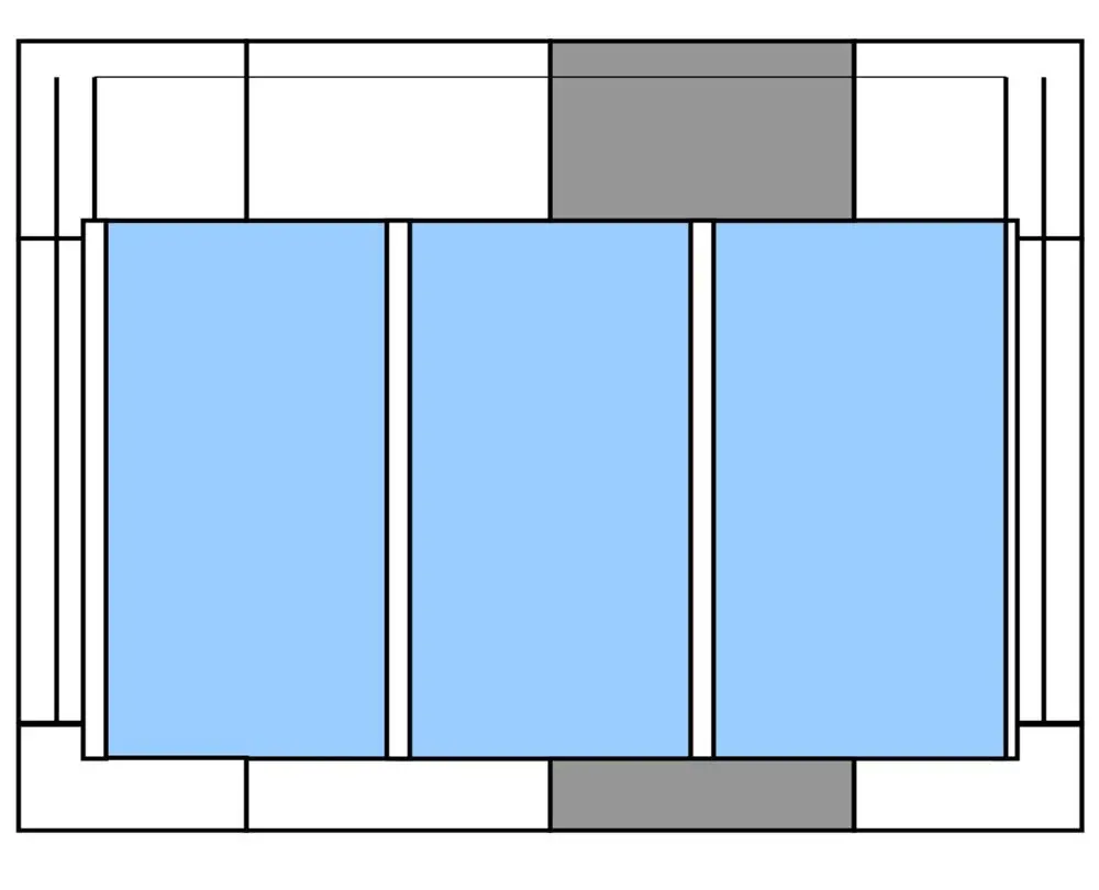 Transparente, blaue Blecheinfassungen in rechteckiger Form, angeordnet in einem strukturierten Design, umgeben von grauen und weißen Elementen, möglicherweise für Brötje-Dachpfannen.