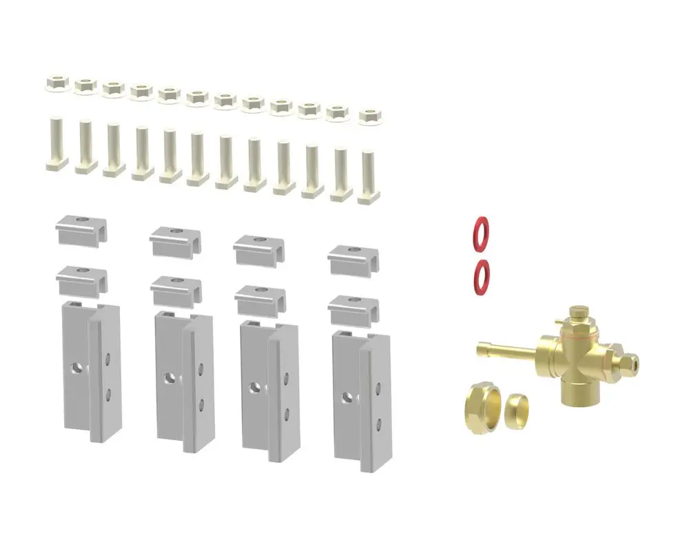 Montagezubehör von Brötje mit verschiedenen Halterungen, Dichtungen und einem Hydraulikventil in einem übersichtlichen Layout angeordnet.