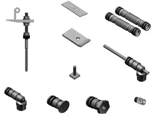 Verschiedene Metallteile, darunter Schrauben und Dichtungen, in einer Anordnung. Teilweise eindeutig geformt für mechanische Anwendungen, möglicherweise von Brötje.