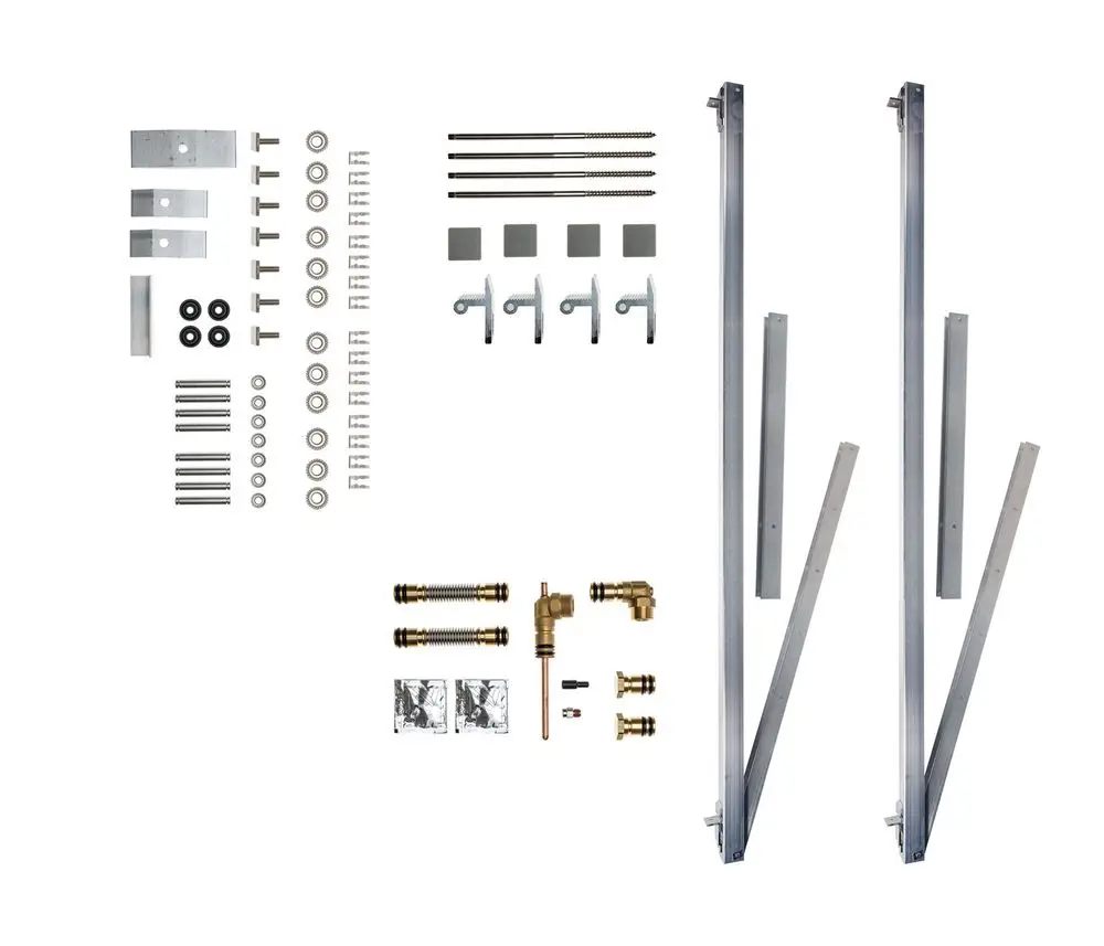 Brötje Montage-Set mit verschiedenen Metallteilen, Schrauben, Unterlegscheiben und Verbindungselementen für die Konstruktion und Installation.