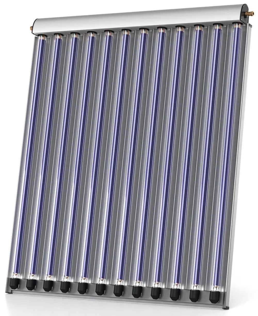 Vakuumröhrenkollektor mit mehreren transparenten Röhren, montiert an einer Aluminium-Halterung. Markierung der Brötje-Marke sichtbar.