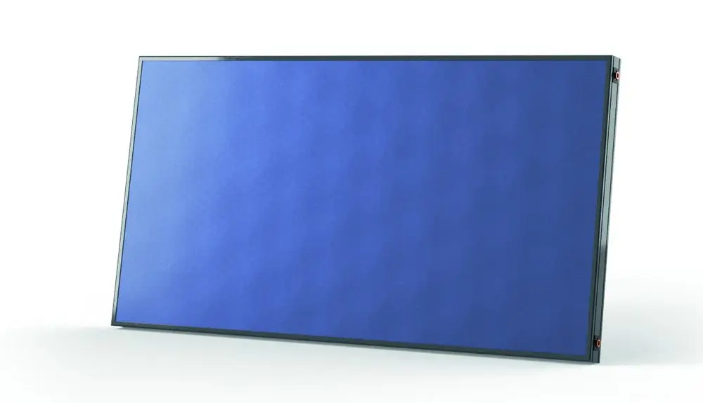 Flachkollektor von Brötje mit einer blauen, glatten Oberfläche. Der Kollektor ist auf einer stabilen Rahmenkonstruktion montiert und vertikal ausgerichtet.