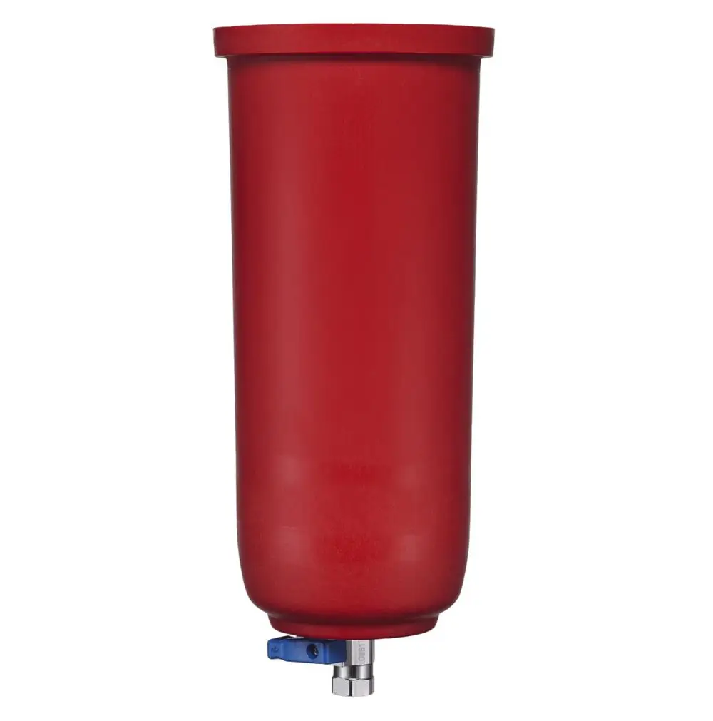 Roter zylindrischer Wasserfilter mit einem unteren Anschluss und einem blauen Bedienknopf, möglicherweise für Heizungswasserfiltration von Brötje.