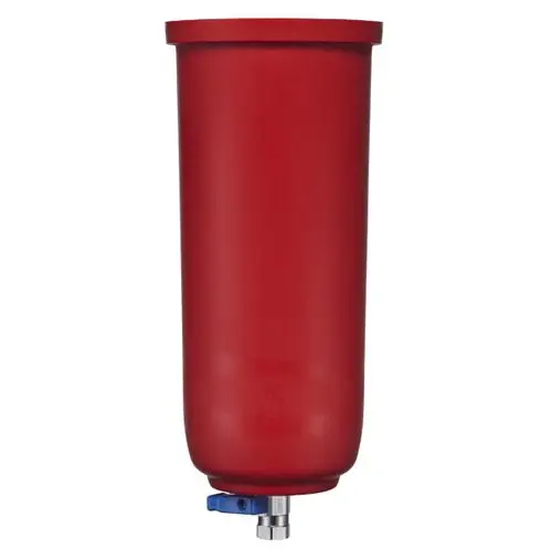 Roter zylindrischer Wasserfilter mit einem unteren Anschluss und einem blauen Bedienknopf, möglicherweise für Heizungswasserfiltration von Brötje.
