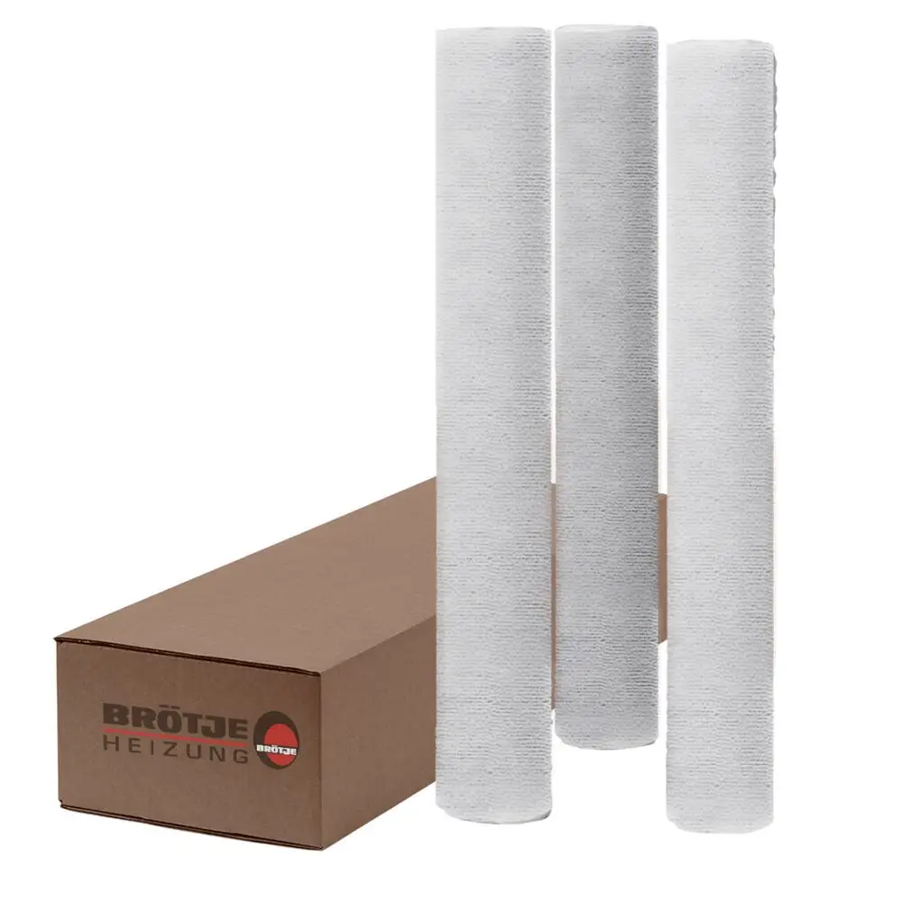Drei zylindrische Filterelemente in Weiß, auf einer braunen Verpackung mit der Marke Brötje abgebildet. Die Filter sind für die Filtrationseinheit vorgesehen.