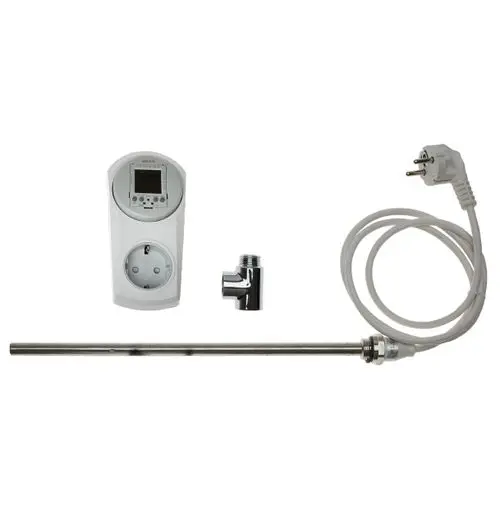 Brötje Elektroheizpatrone mit Zeitschaltuhr, verchromt, bestehend aus einer Heizpatrone, einem Steuerelement und einem Kabel mit Stecker in einer konventionellen Anordnung.