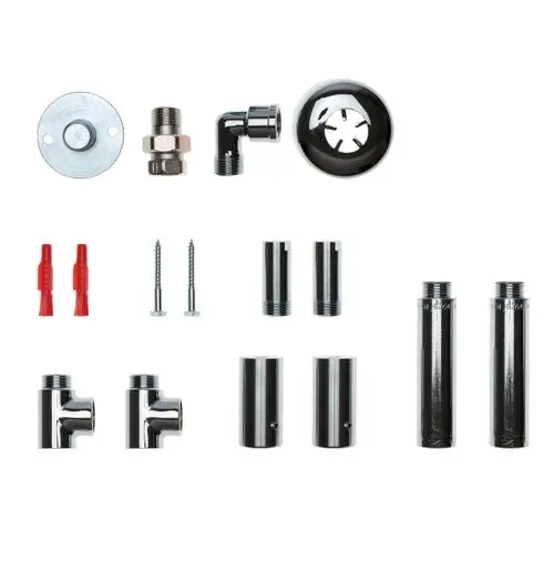 Montageset mit verschiedenen Rohren, Winkeln, Anschlüssen und Zubehörteilen, ideal für die Installation von Brötje Raumteilern.
