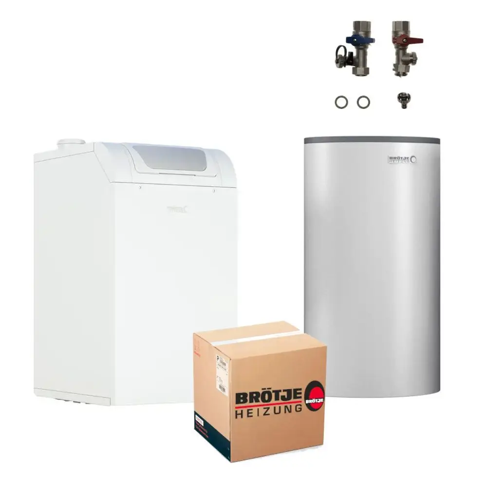 Heizsystem-Komplettpaket bestehend aus einem weißen Heizgerät, einem silbernen Speicher, zwei Armaturen und einer braunen Verpackung der Marke Brötje.