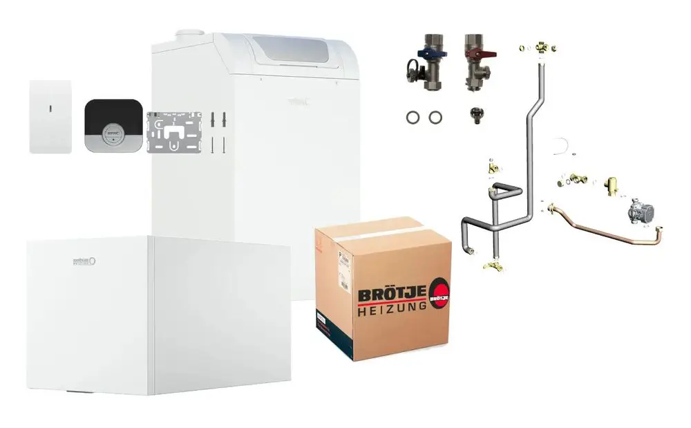 Komplettpaket von Brötje mit verschiedenen Heizungsbestandteilen, darunter ein ungemäßter Heizkörper, Regelungsteile und Verbindungsrohre in neutraler Anordnung.