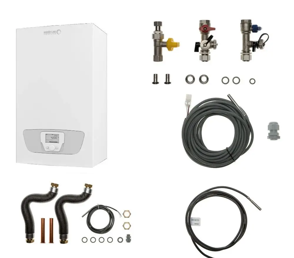 Brötje Heizgerät mit Zubehör, einschließlich Rohrleitungen, Ventilen und Sensoren, zur Installation in Heizsystemen. Komponenten zur Integration in das Heizsystem.