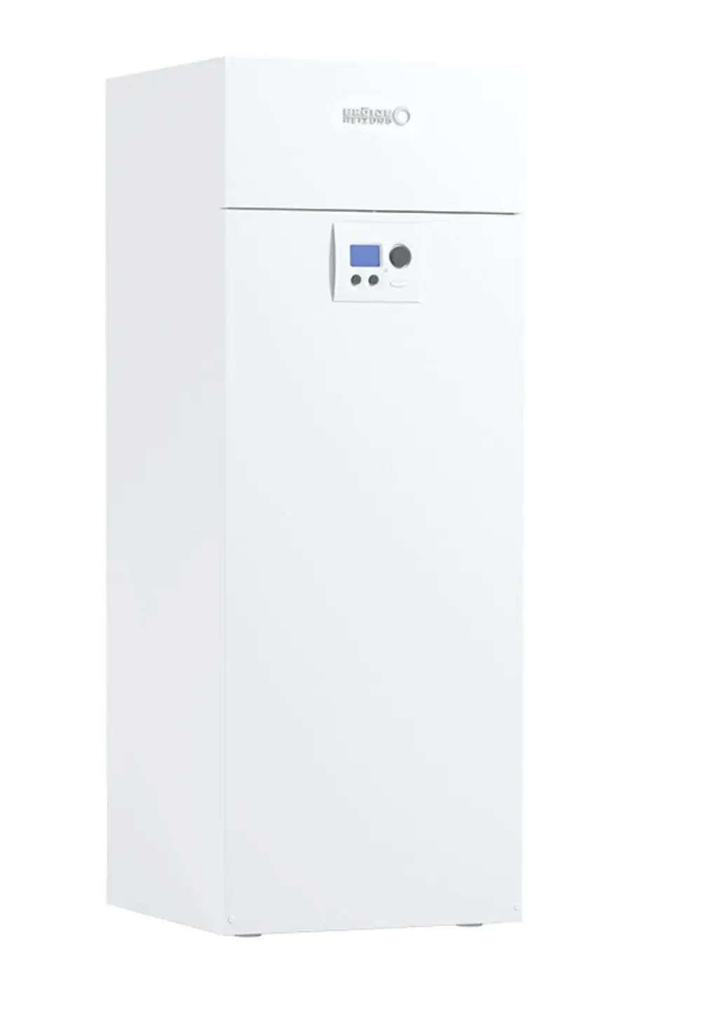 Weiße Heizungswärmepumpe von Brötje mit digitalem Steuerungsdisplay und Schaltknöpfen an der Vorderseite, in rechteckiger Form und glatter Oberfläche.