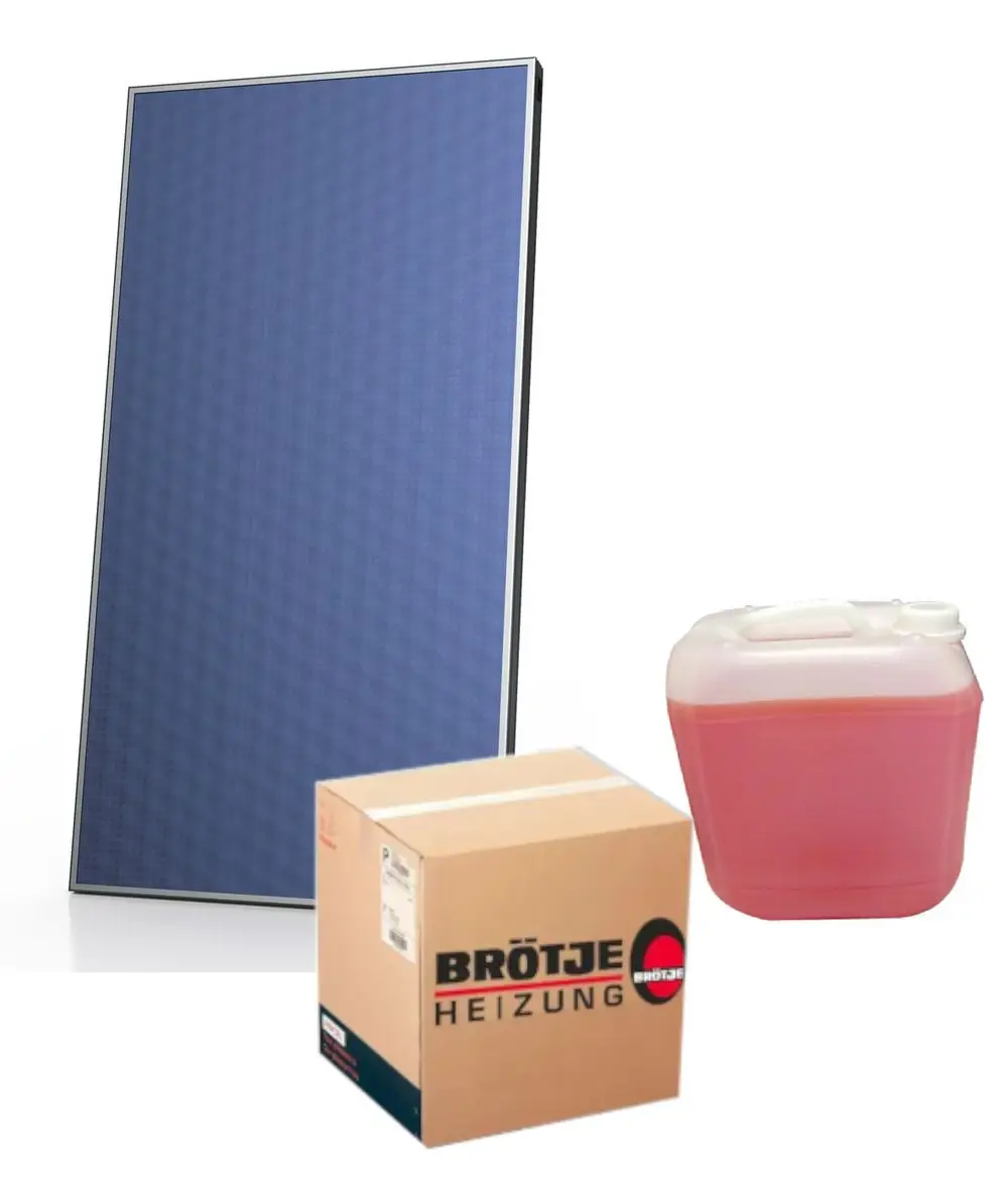 Brötje Heizsystem, bestehend aus einem flachen blauen Solarpanel, einer beige Kartonverpackung und einem Behälter mit roter Flüssigkeit.