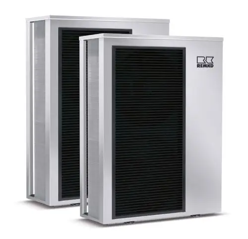 Zwei graue Klimageräte von Remko mit schwarzem Lüftungsgitter, aufgestellt nebeneinander, im modernen Design.
